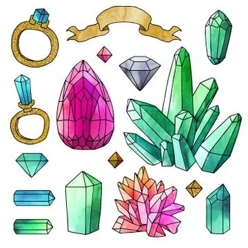 Set of hand drawn medieval elements with watercolor effect. Stock Illustration