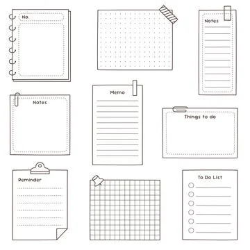 Set of hand drawn memo notes reminder to do list and planner paper template.. Stock Illustration