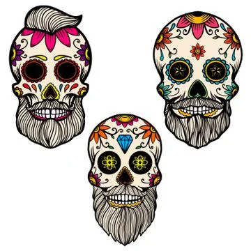 Set of hand drawn mexican bearded sugar skull isolated on white background. D Stock Illustration