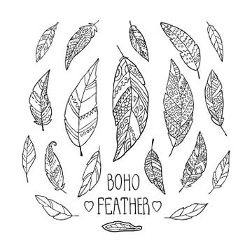 Set of hand drawn monochrome feathers isolated on white background Stock Illustration
