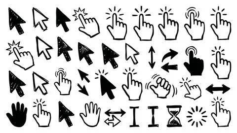 Set of hand drawn mouse cursor pointers and clicking finger icons for web i.. Stock Illustration