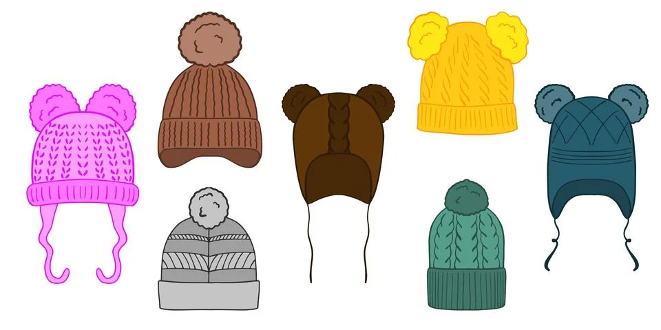 Set of hand drawn multi colored children's winter hats. Doodle vector illus.. Stock Illustration