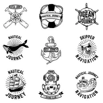 Set of hand drawn nautical emblems. Design elements for logo, label, sign, ba Stock Illustration