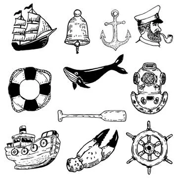 Set of hand drawn nautical vector elements. Design elements for Stock Illustration
