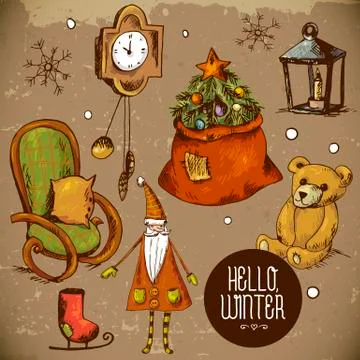 Set of Hand-drawn New Year and Christmas Elements Stock Illustration