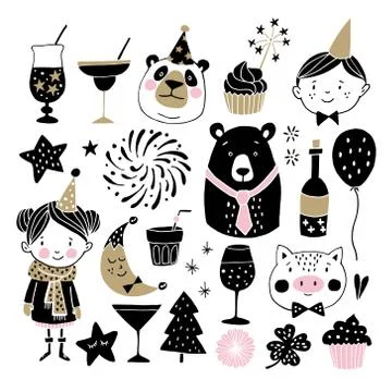 Set of hand drawn New Year or birthday graphic elements. Childrens with party Stock Illustration