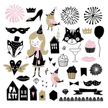 Set of hand drawn New Year or birthday party graphic elements. Girl with hat Stock Illustration