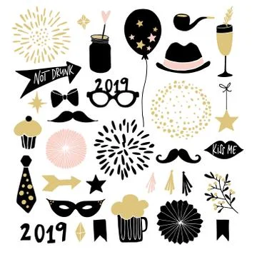 Set of hand drawn New Year or birthday party graphic elements. Fireworks, drinks Stock Illustration