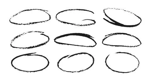 Set of hand-drawn oval and circle frames in a rough sketch style. Black marker Stock Illustration