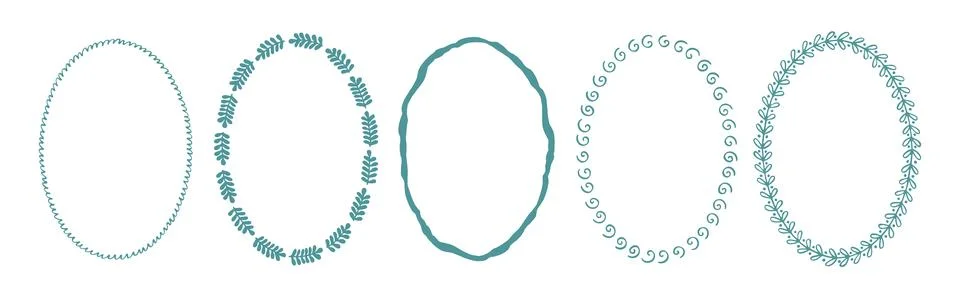 Set of hand drawn oval frames with various decorative borders. Cute and 库存插图