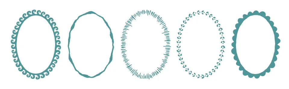 Set of hand drawn oval frames with various decorative borders. Cute and 库存插图
