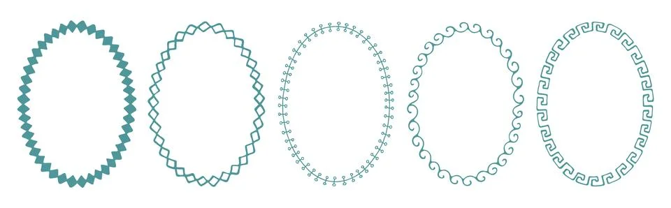 Set of hand drawn oval frames with various decorative borders. Cute and 库存插图