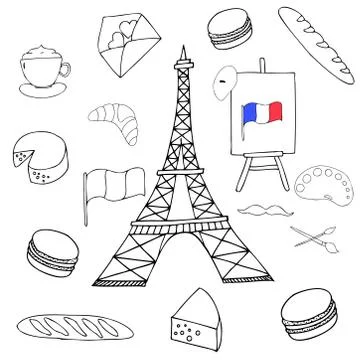 Set of hand drawn Paris elements, simple Tour Eiffel doodle Stock Illustration