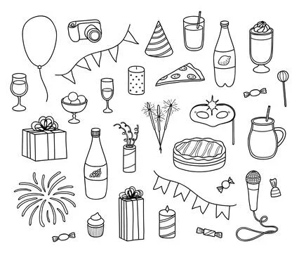 Set of hand drawn party items. Stock Illustration