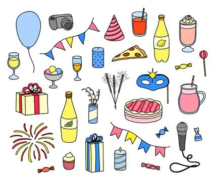 Set of hand drawn party items. Stock Illustration