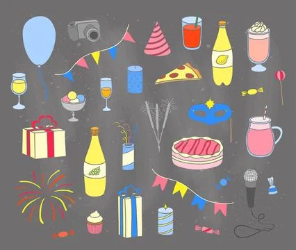 Set of hand drawn party items. Stock Illustration
