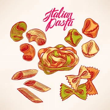 Set with hand-drawn pasta Stock Illustration