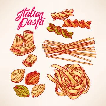 Set with hand-drawn pasta Ilustración de archivo