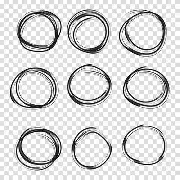 Set hand drawn pencil or marker round circles line sketch set. Circular scr.. Stock Illustration