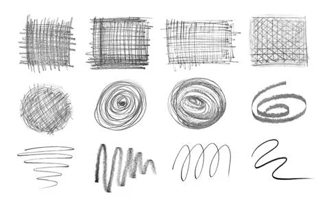 Set with hand drawn pencil scribble on white background, top view Stock Photos