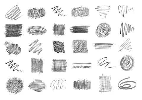 Set with hand drawn pencil scribble on white background, top view Stock Photos