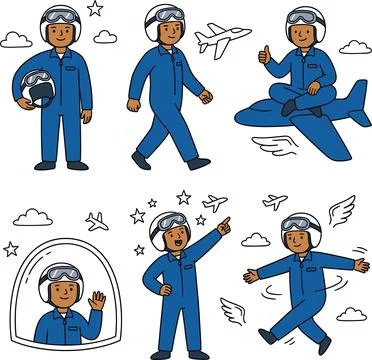 Set of hand drawn pilot character in various poses. Stock Illustration
