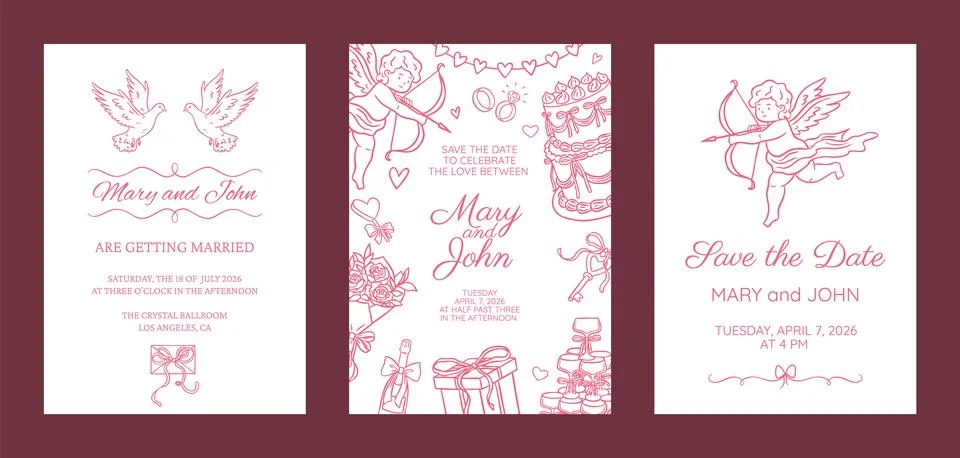 Set of hand-drawn pink wedding invitations with doves, cupid, cake, rings, date Stock Illustration