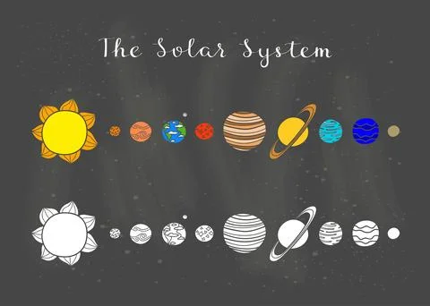 Set of hand drawn planets with lettering. Stock Illustration