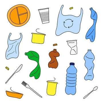 Set of hand drawn plastic trash. Stock Illustration