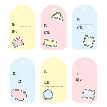 Set of hand drawn post stamps gift tags. Collection of flat colorful style po Stock Illustration