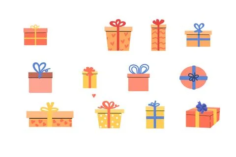 Set of Hand drawn presents in pink and peach, yellow colors Stock Illustration