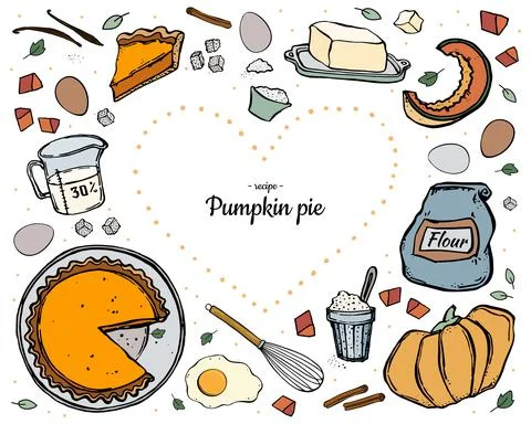 Set hand drawn pumpkin pie and ingredients for cooking in white background. D Stock Illustration