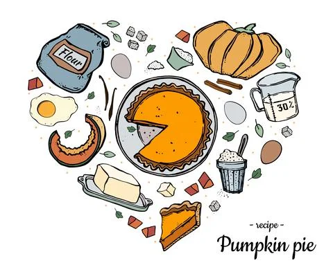 Set hand drawn pumpkin pie and ingredients for cooking in white background. D Stock Illustration