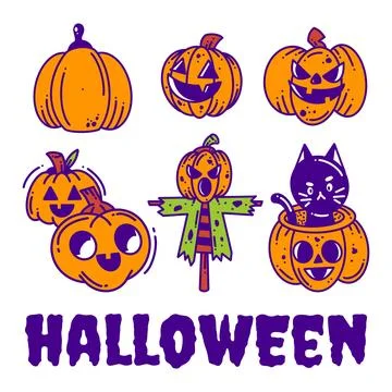 Set of hand drawn pumpkins collection full color Stock Illustration