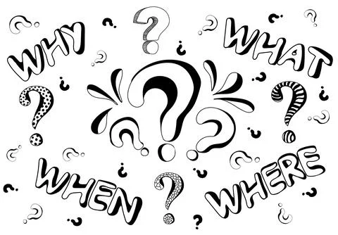 Set of hand drawn question words and question marks in doodle style. Stock Illustration
