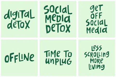Set of hand-drawn quotes about digital detox. Stock Illustration