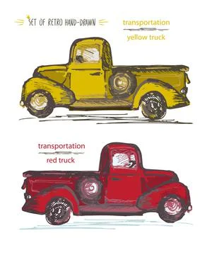 Set of hand-drawn red and yellow trucks. Ink brush sketch Stock Illustration