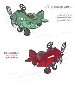 Set of hand-drawn red and green airplane. Ink brush sketch Stock Illustration
