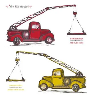 Set of hand-drawn red and yellow truck cranes. Ink brush Stock Illustration