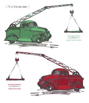 Set of hand-drawn red and yellow truck cranes. Ink brush Stock Illustration