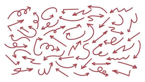 Set of hand drawn red arrows. Hand drawn minimalist arrows. Various of thin Illustrazione stock