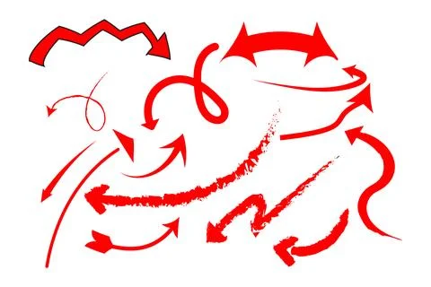 Set of hand drawn red arrows illustrating various directions Ilustração Stock