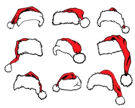 Set of hand drawn red Santa Claus hats isolated on white background - Vector Stock Illustration