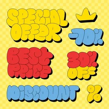 Set of hand drawn retro cartoon style badges and elements on checkered Stock Illustration