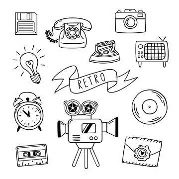 Set of hand drawn retro objects. video camera, rotary dial telephone, alarm c Stock Illustration