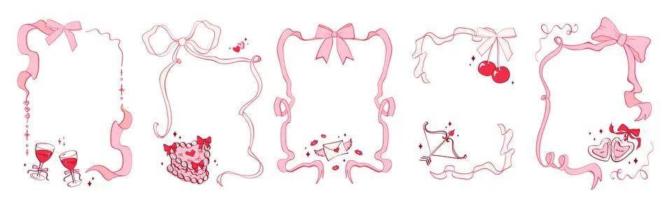Set of hand drawn ribbon frames and borders in coquette style. Stock Illustration