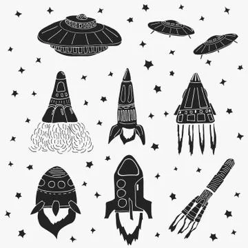Set of hand drawn rockets. Space shuttle. UFO Stock Illustration