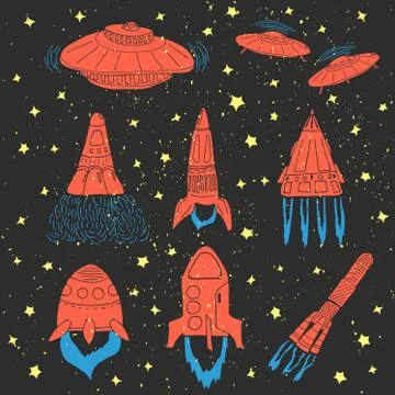 Set of hand drawn rockets. Space shuttle. UFO Stock Illustration
