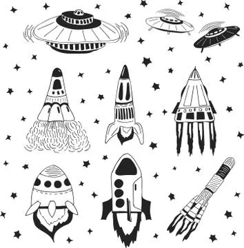 Set of hand drawn rockets. Space shuttle. UFO イラスト素材