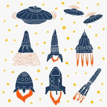 Set of hand drawn rockets. Space shuttle. UFO Stock Illustration